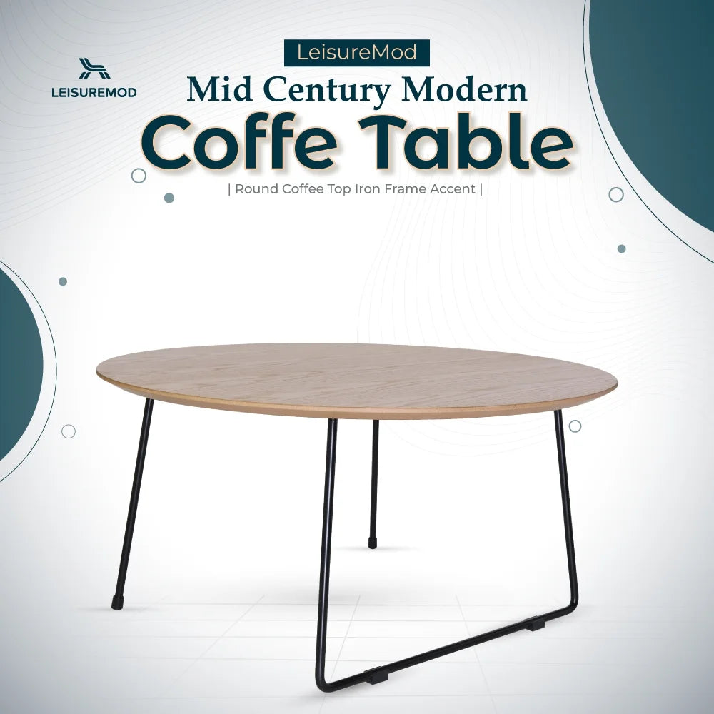Mid Century Modern Round Coffee Table with Wood Top I1709