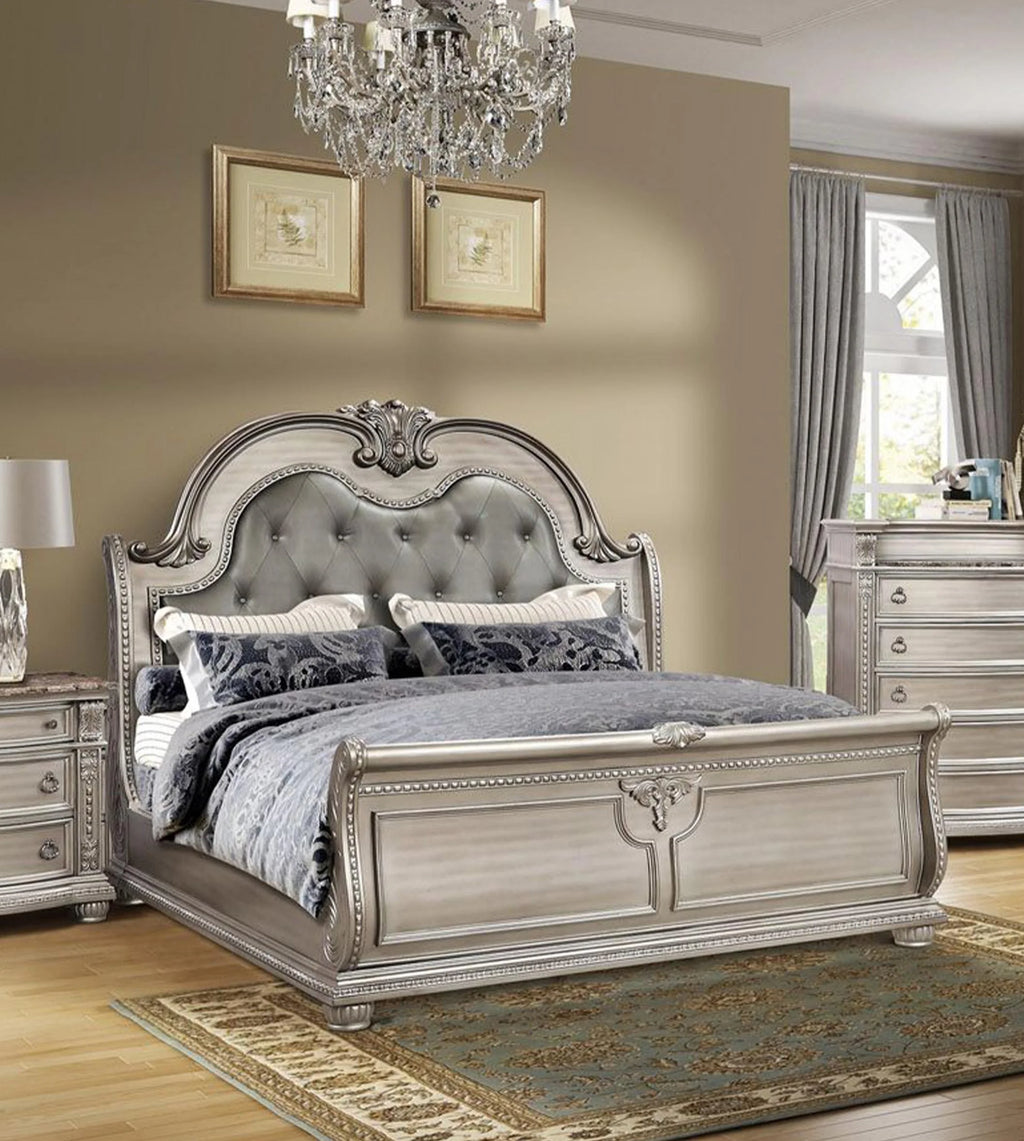 Antique Platinum Button Tufted Sleigh Queen Bed D7138