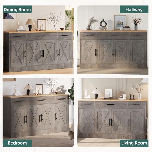 Ash Grey Wood Buffet Cabinet with 3 Drawers and 4 Doors B637026