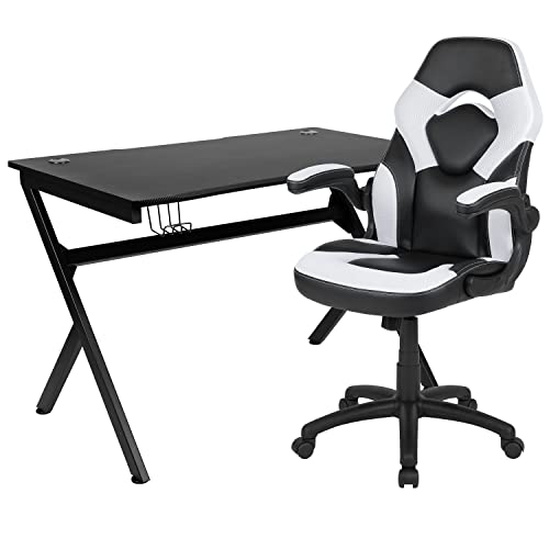 Red Gaming Desk and Blue Reclining Gaming Chair Set with Cup Holder and Headphone Hook D333869
