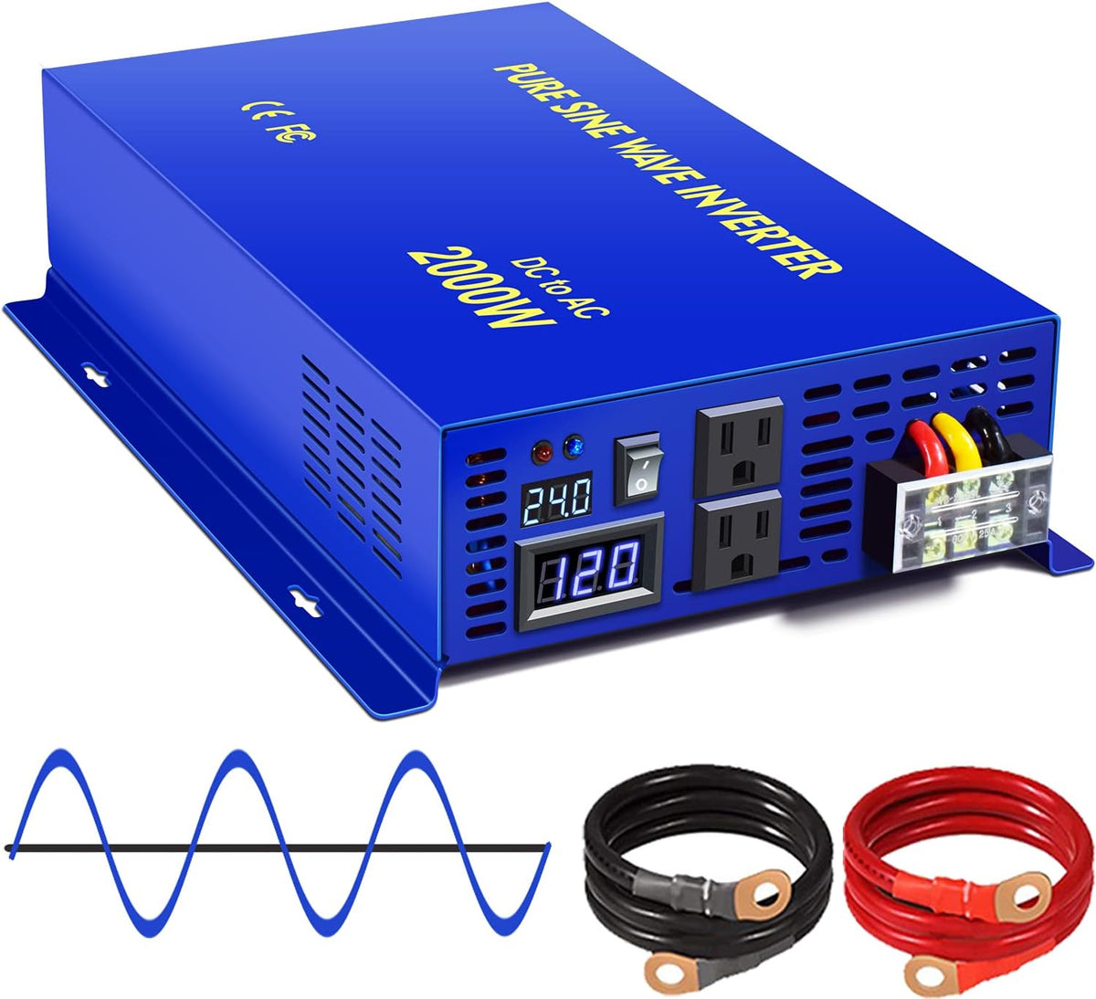2000W Pure Sine Wave Power Inverter 24V DC to AC 120V with 15ft Remote Switch D8950
