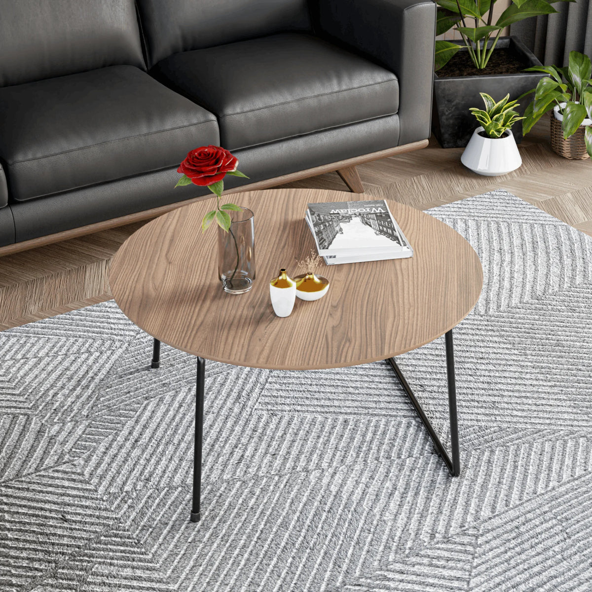 Mid Century Modern Round Coffee Table with Wood Top I1709