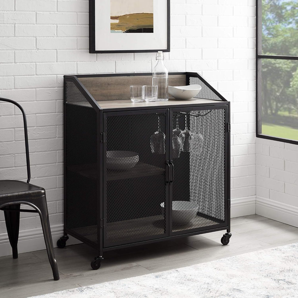 Rustic Oak Metal Mesh Double Door Rolling Bar Cabinet I8795