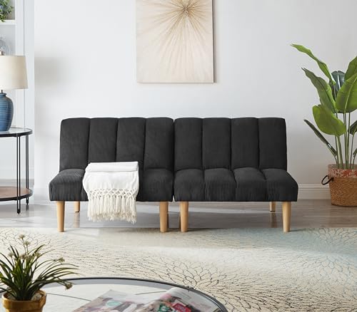 Blue Corduroy Convertible Futon Sofa Bed with Wooden Legs M1435