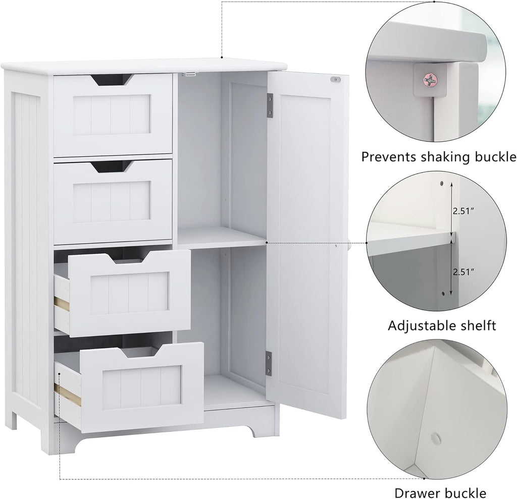 White Freestanding Bathroom Storage Cabinet with 4 Drawers and 1 Door M34542