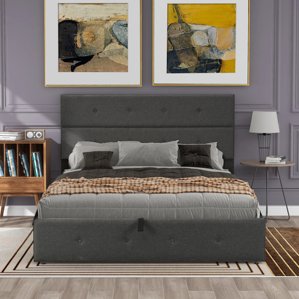 Gray Queen Size Upholstered Lift Up Platform Bed with Headboard and Underneath Storage D47002