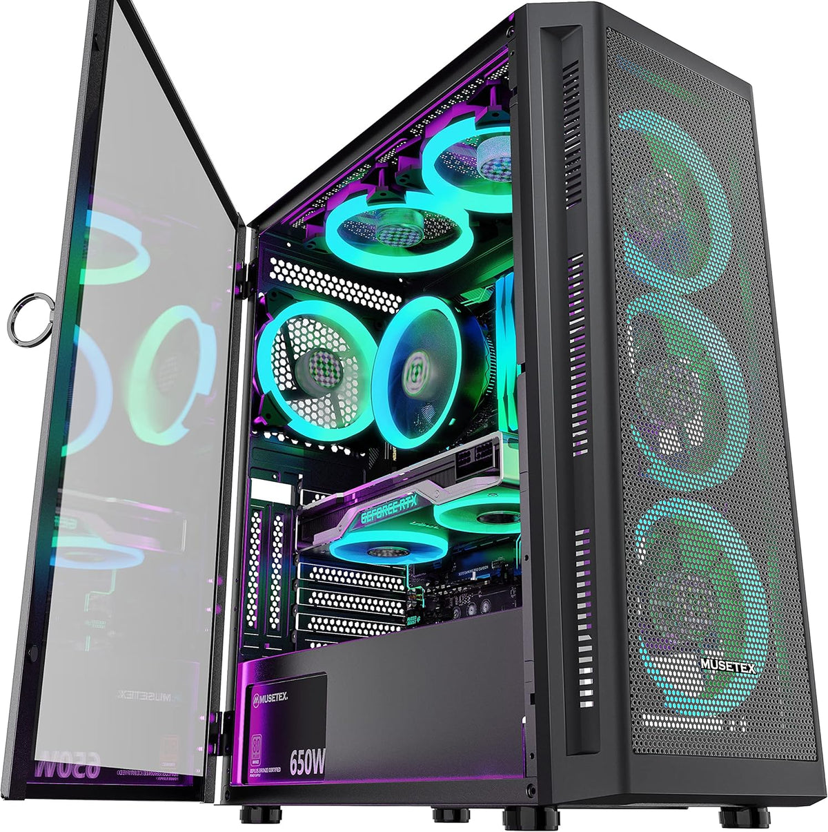Black Mid-Tower ATX PC Case with 6pcs 120mm ARGB Fans, Tempered Glass Side Panels O225217