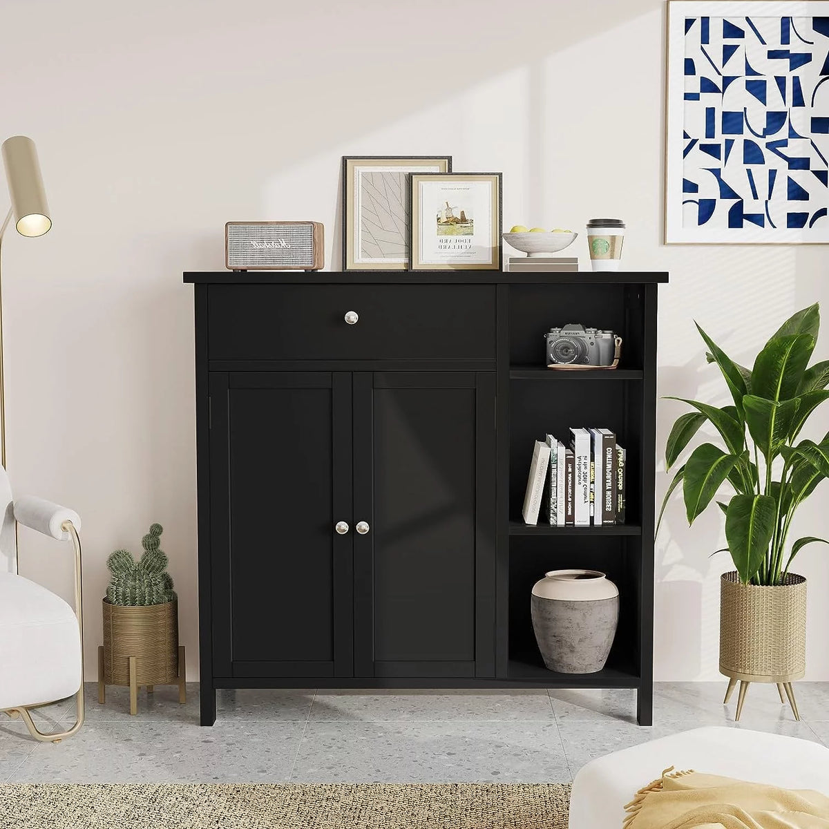 Black Freestanding Bathroom Cabinet with Drawer and Adjustable Shelf P582