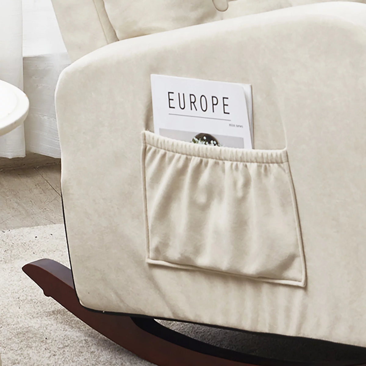 High Back Rocking Chair with Side Pocket Linen Fabric Y8217