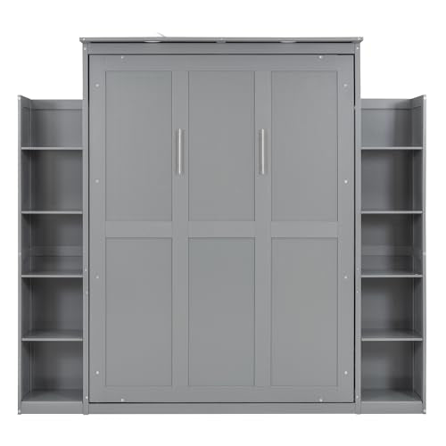 Queen Size Wood Murphy Bed with Shelves and LED Lights, Grey O3713