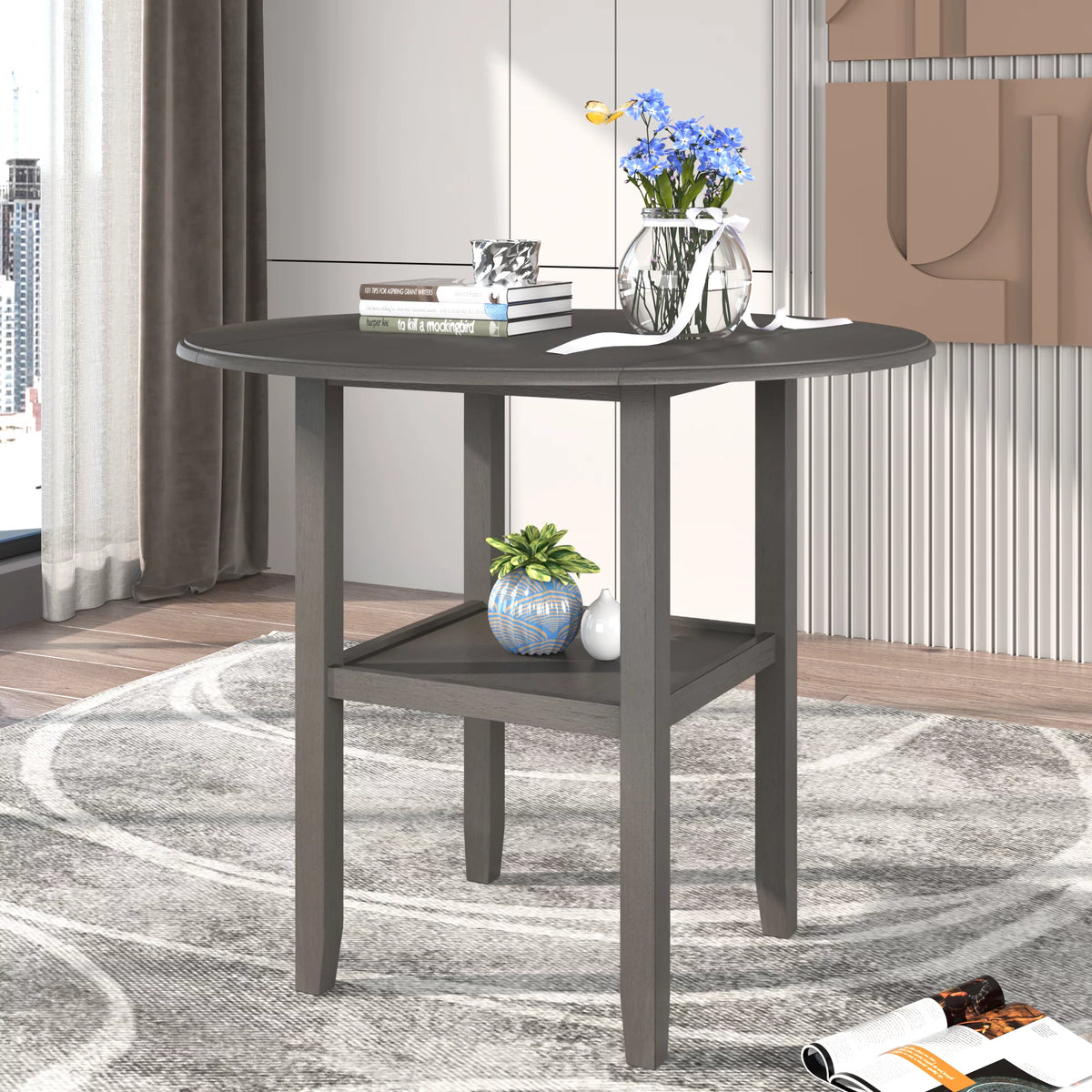 3 Piece Round Drop Leaf Dining Table Set with 2 Chairs A430870