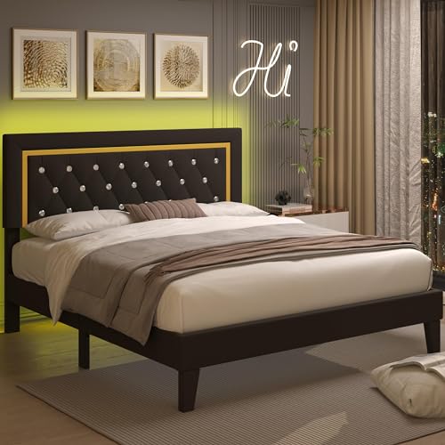 Black Upholstered Platform Bed Frame with LED Light I172