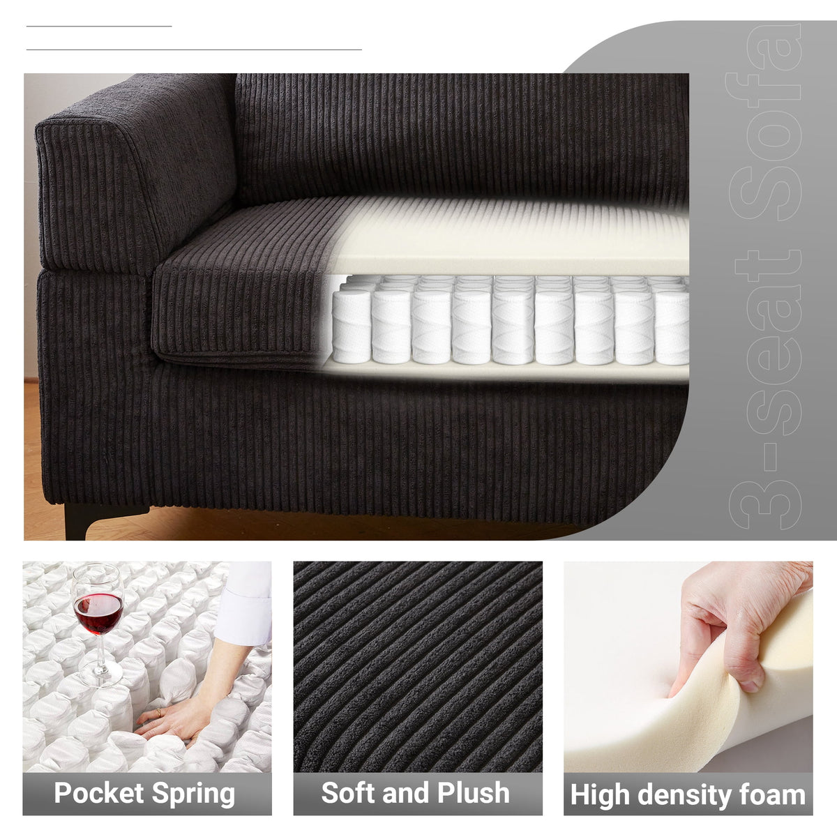 96" 3-Seat Sectional Sofa with Chaise Black I390