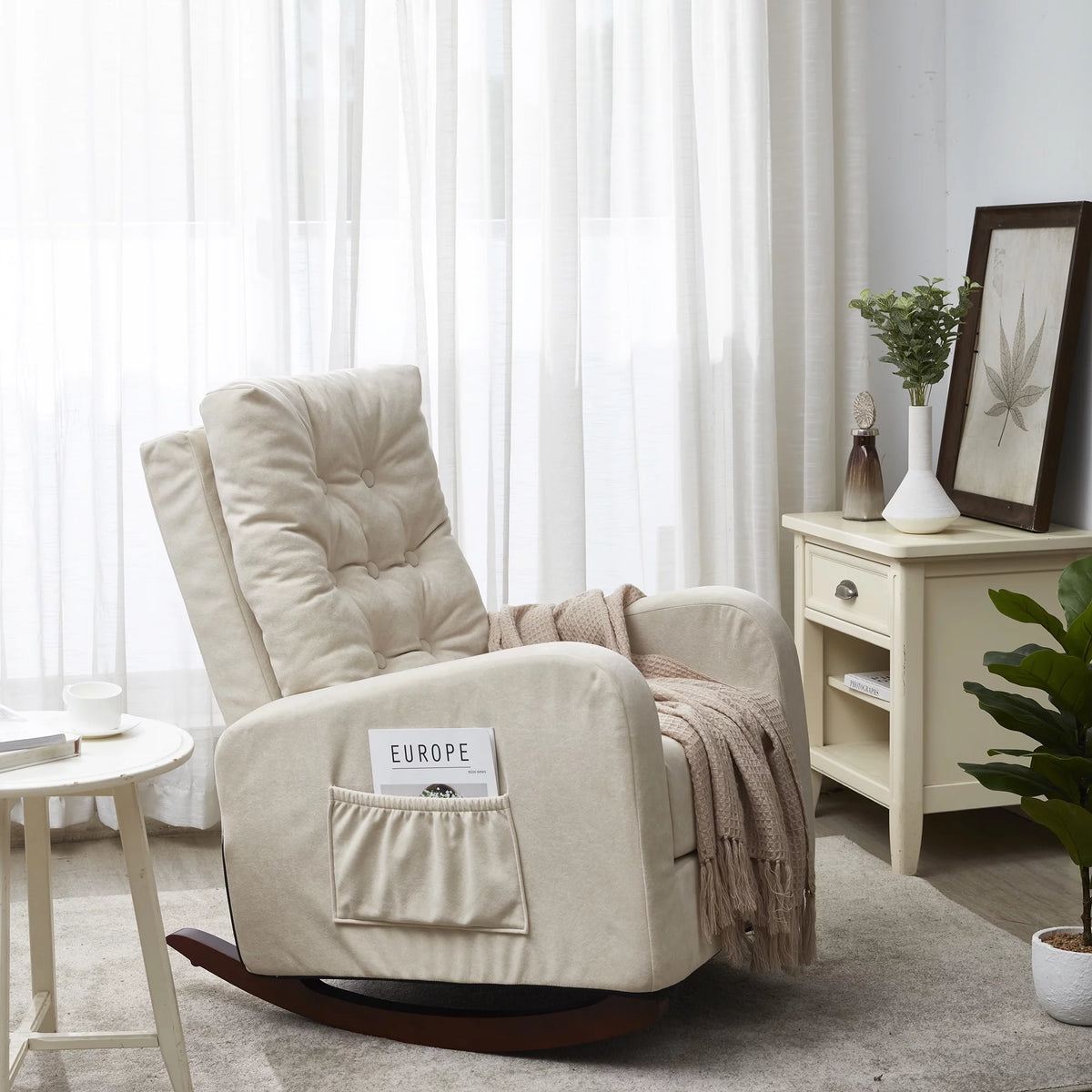 High Back Rocking Chair with Side Pocket Linen Fabric Y8217