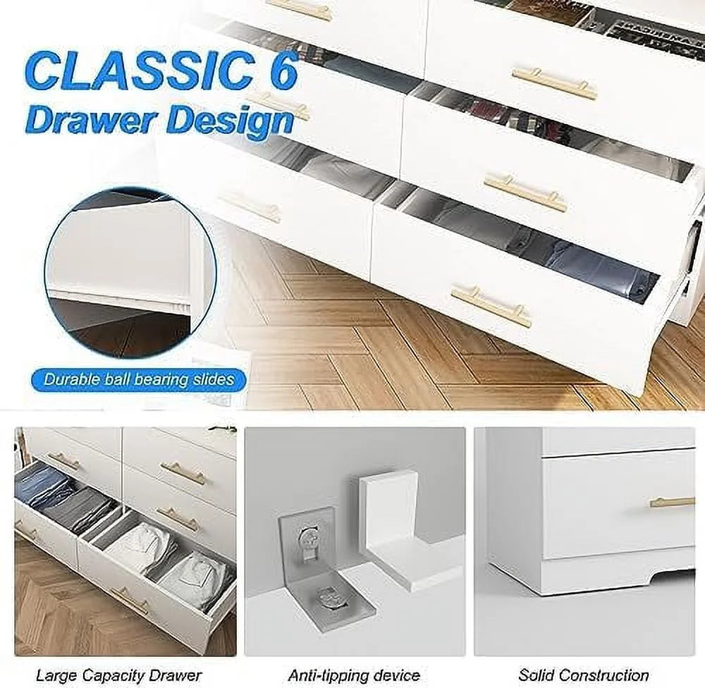 White 6 Drawer Wood Dresser with LED Light H24103