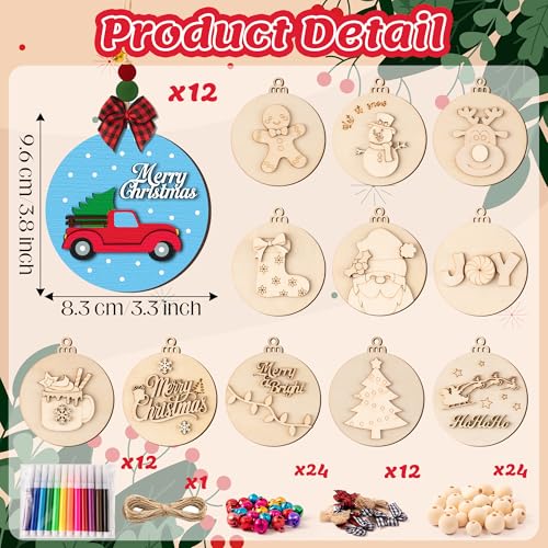 12 Styles Unfinished Wooden Christmas Ornaments Kit with Paint Pens O264