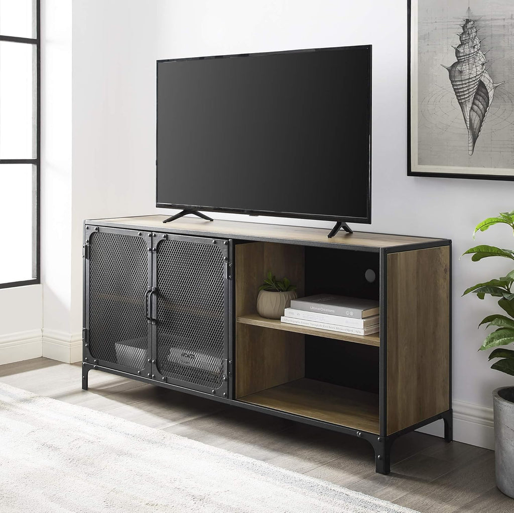 Rustic Oak Metal Mesh Double Door Rolling Bar Cabinet I8795