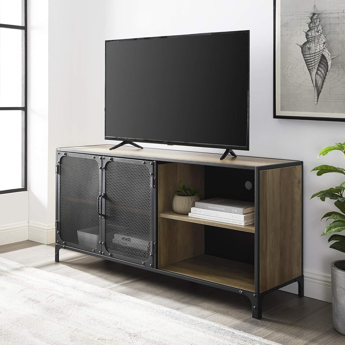 Rustic Oak Metal Mesh Double Door Rolling Bar Cabinet I8795