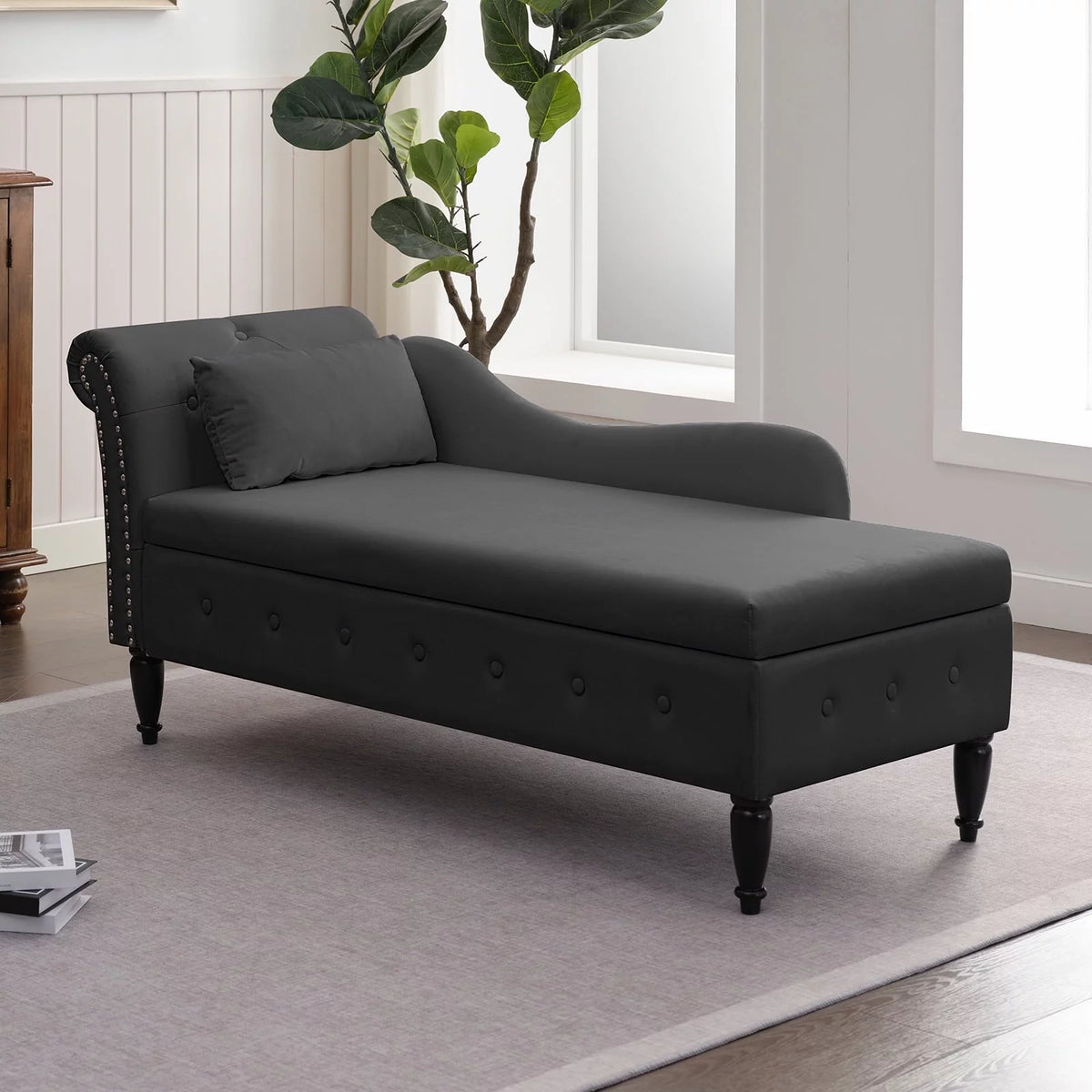 Dark Gray Velvet Tufted Chaise Lounge with Pillow Z810445