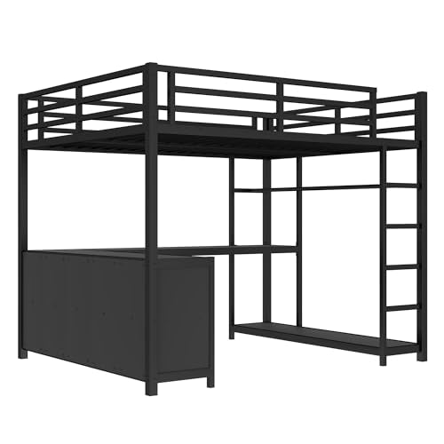 Queen Metal Loft Bed with Wardrobe, Desk and Shelves X3589