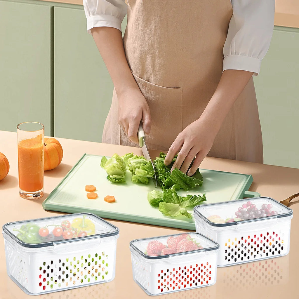 3 Pack Refrigerator Organizer Food Containers with Lids and Drain Colanders B597448