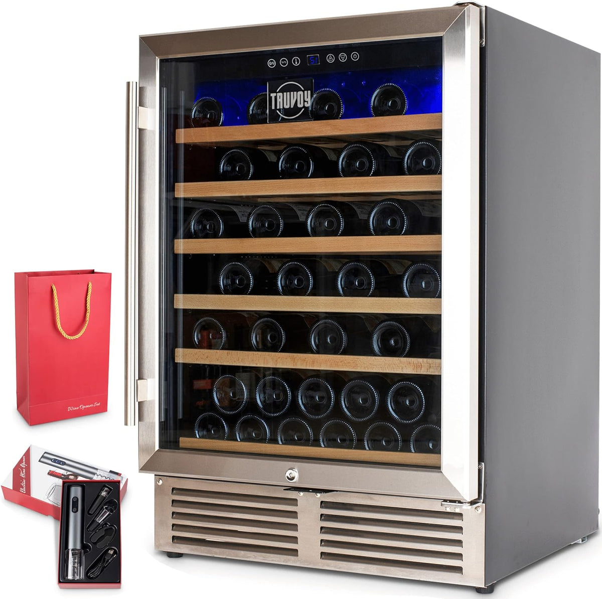 Wine Cooler Refrigerator with Reversible Low UV Glass Door, Touch Thermostat Control with LED Display, Lock, 150L Storage U4125