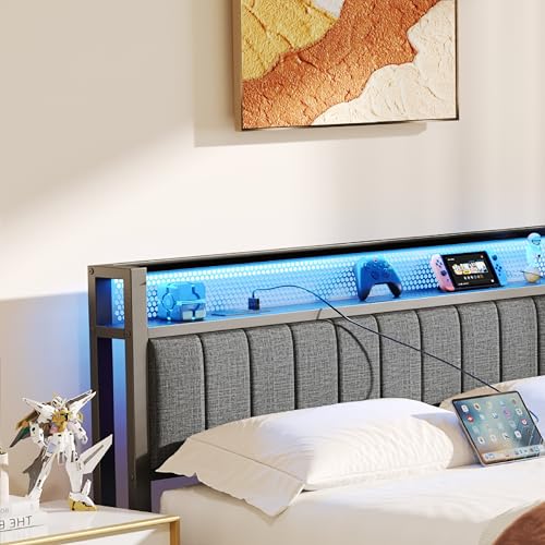 Gray Queen Size Metal Platform Bed Frame with Storage Headboard F4960