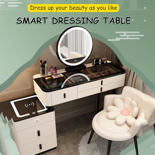 Vanity Mirror with Lights and Desk, Round 3-Colors Lights, with Cushioned Stool, with 2 Drawers and Storage Shelves, Glass Table Top B387392
