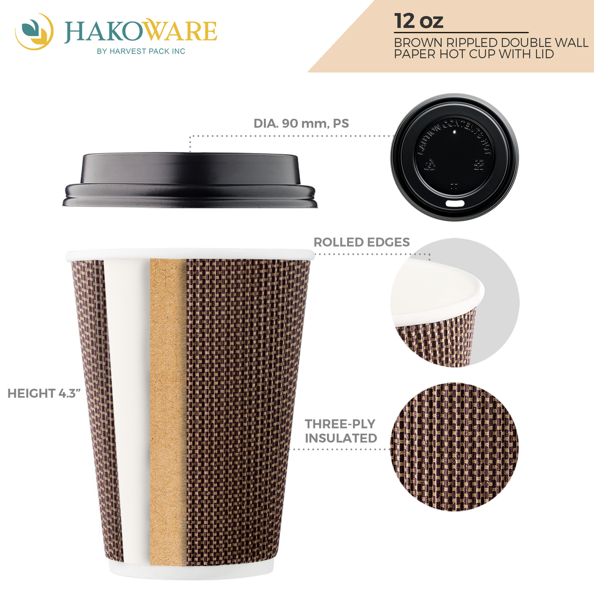 Disposable 12 fl oz Brown Rippled Double-Walled Paper Hot Cup with Lid 400 Sets K768833