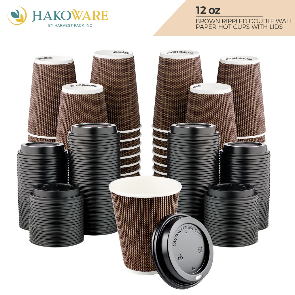 Disposable 12 fl oz Brown Rippled Double-Walled Paper Hot Cup with Lid 400 Sets K768833