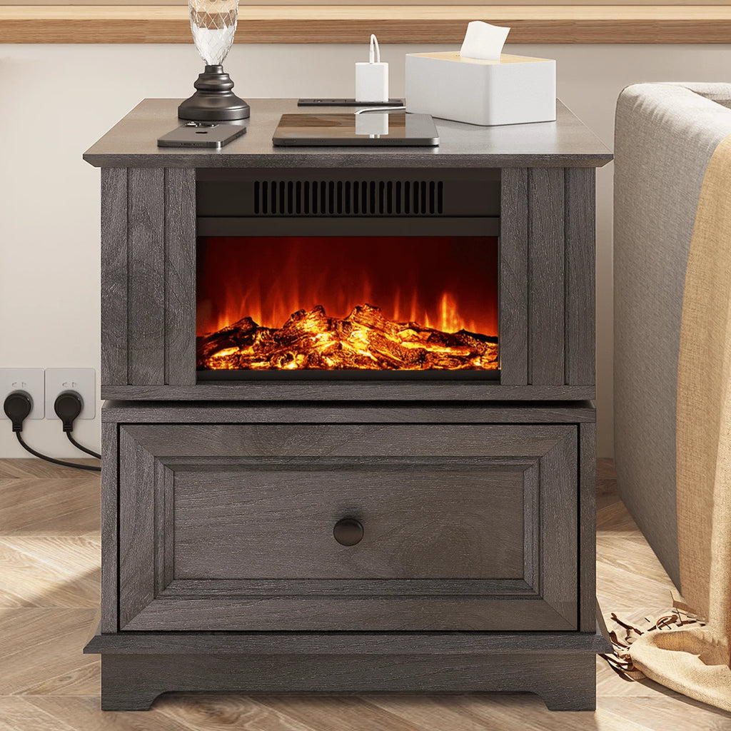 Rotating Fireplace End Table with Electric Fireplace Heater, Storage, Built-in Outlets S138