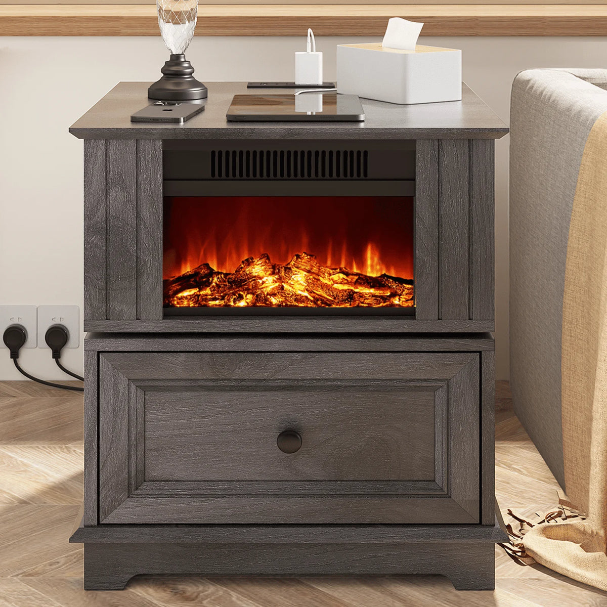 Rotating Fireplace End Table with Electric Fireplace Heater, Storage, Built-in Outlets S138