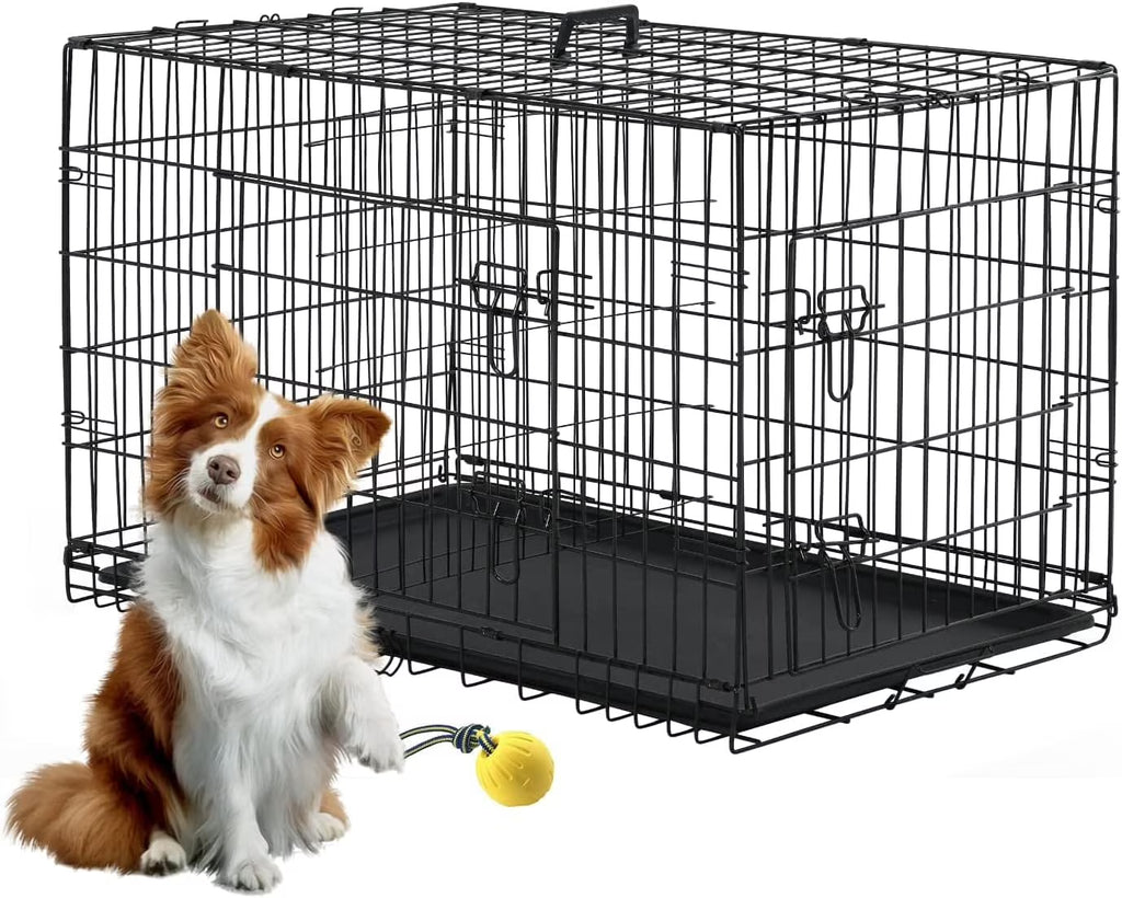 42 inch Double-Door Folding Metal Dog Crate with Plastic Tray C89384