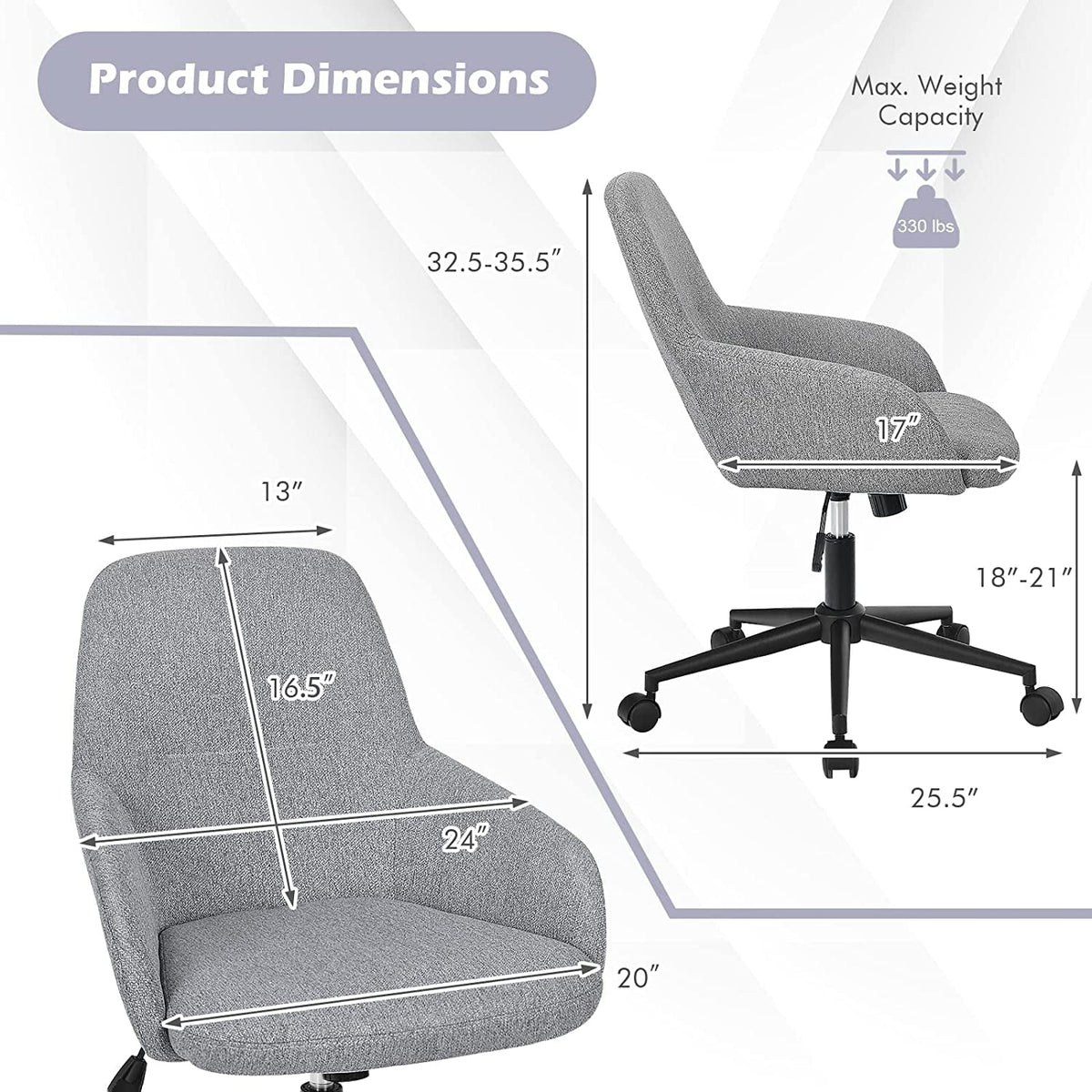 Grey Linen Fabric Upholstered Office Chair W923397