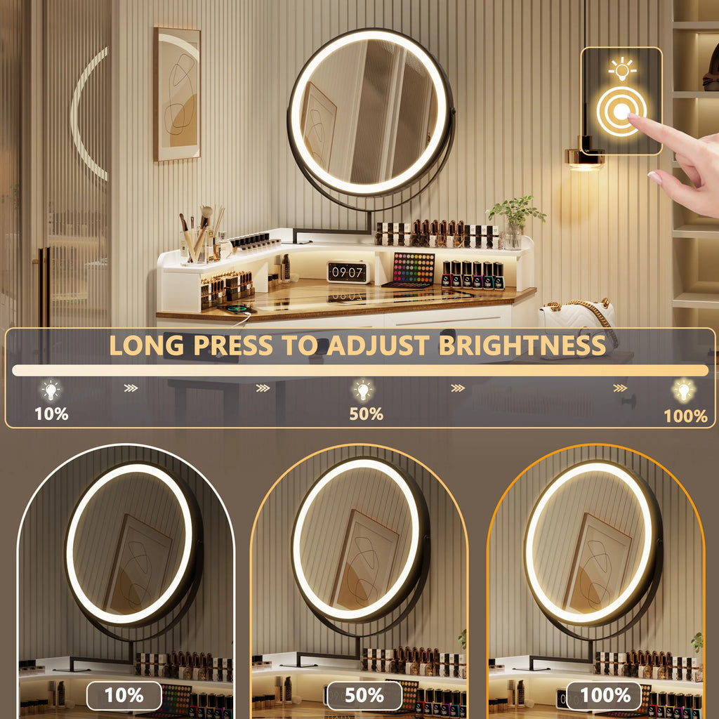 Corner Vanity Desk with Mirror and Lights, Glass Top Makeup Vanity Set with Charging Station K12334