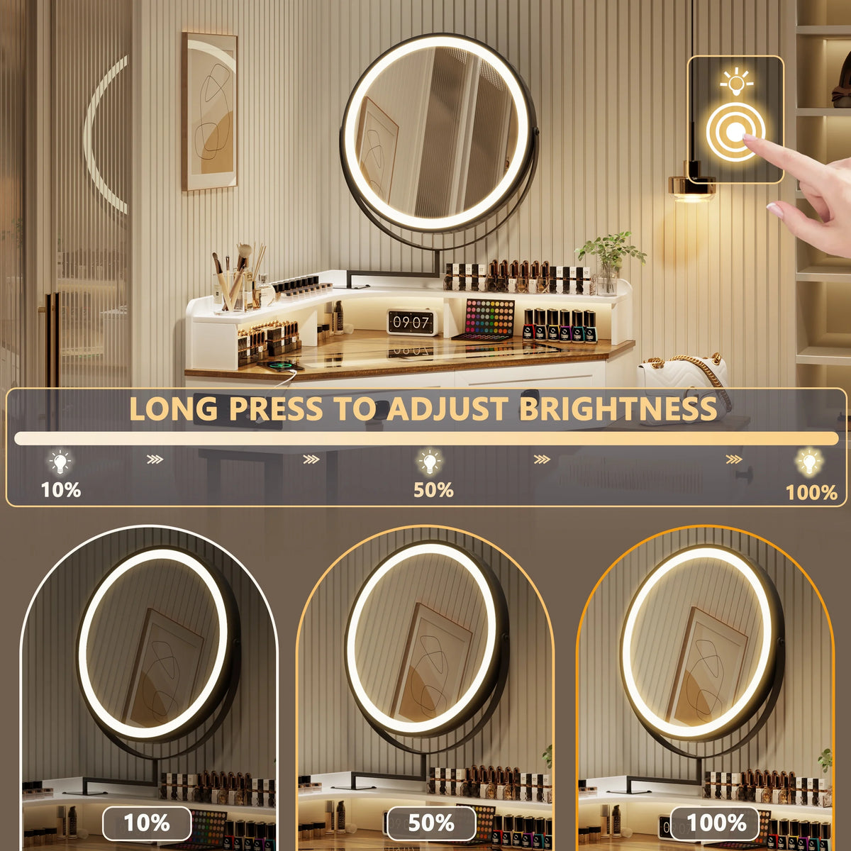 Corner Vanity Desk with Mirror and Lights, Glass Top Makeup Vanity Set with Charging Station K12334