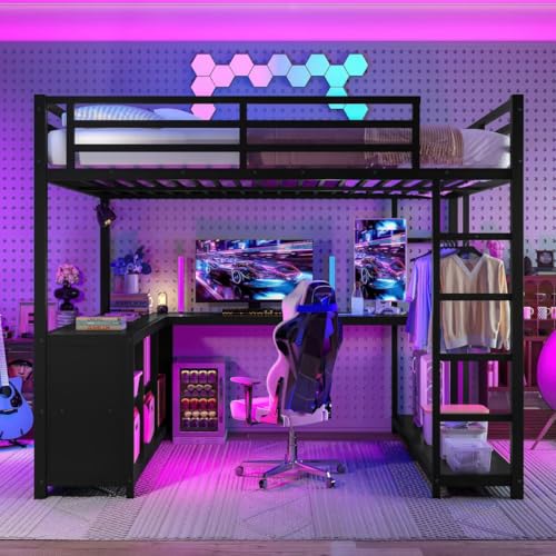 Queen Metal Loft Bed with Wardrobe, Desk and Shelves X3589