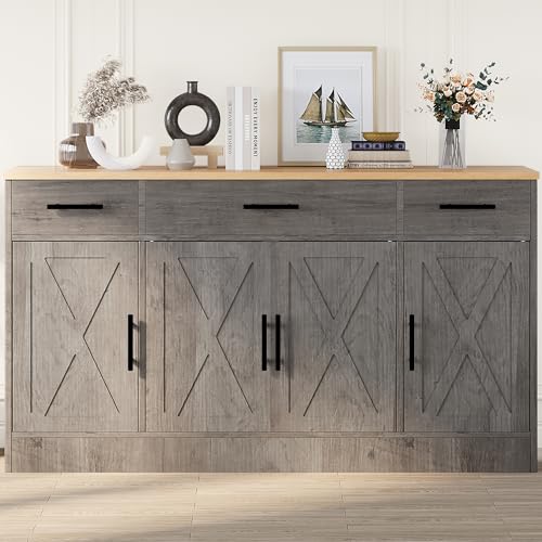 Ash Grey Wood Buffet Cabinet with 3 Drawers and 4 Doors B637026