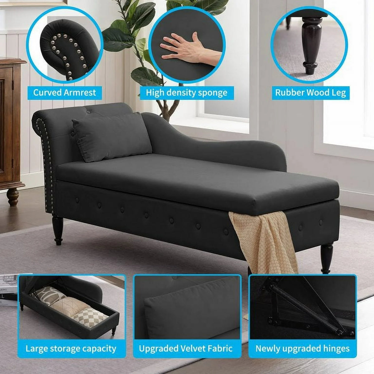 Dark Gray Velvet Tufted Chaise Lounge with Pillow Z810445