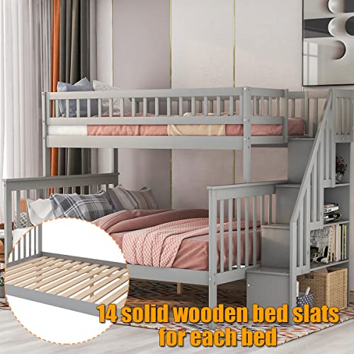 Twin Over Full Size Wood Bunk Bed with Trundle and Stairway N84148
