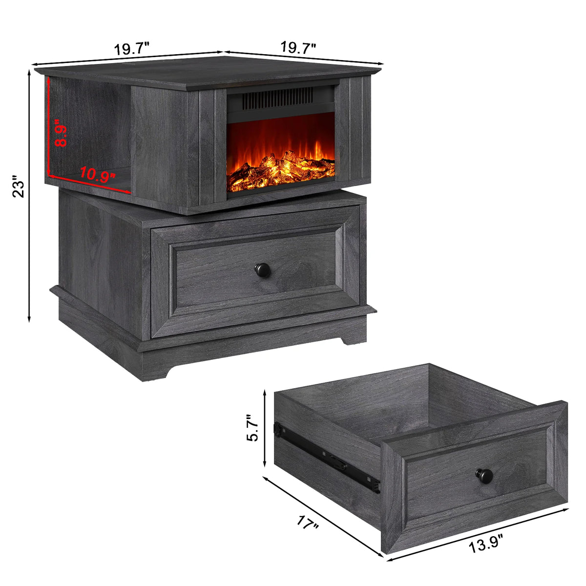 Rotating Fireplace End Table with Electric Fireplace Heater, Storage, Built-in Outlets S138