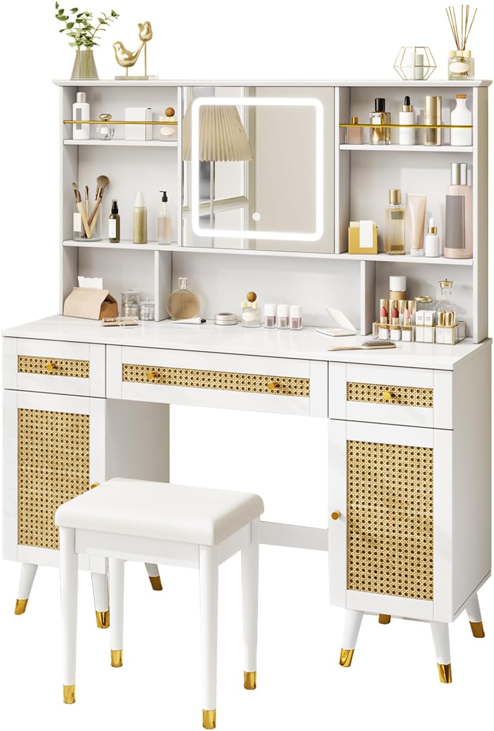 White Rattan Makeup Vanity Desk with Mirror and Lights and Stool P57968