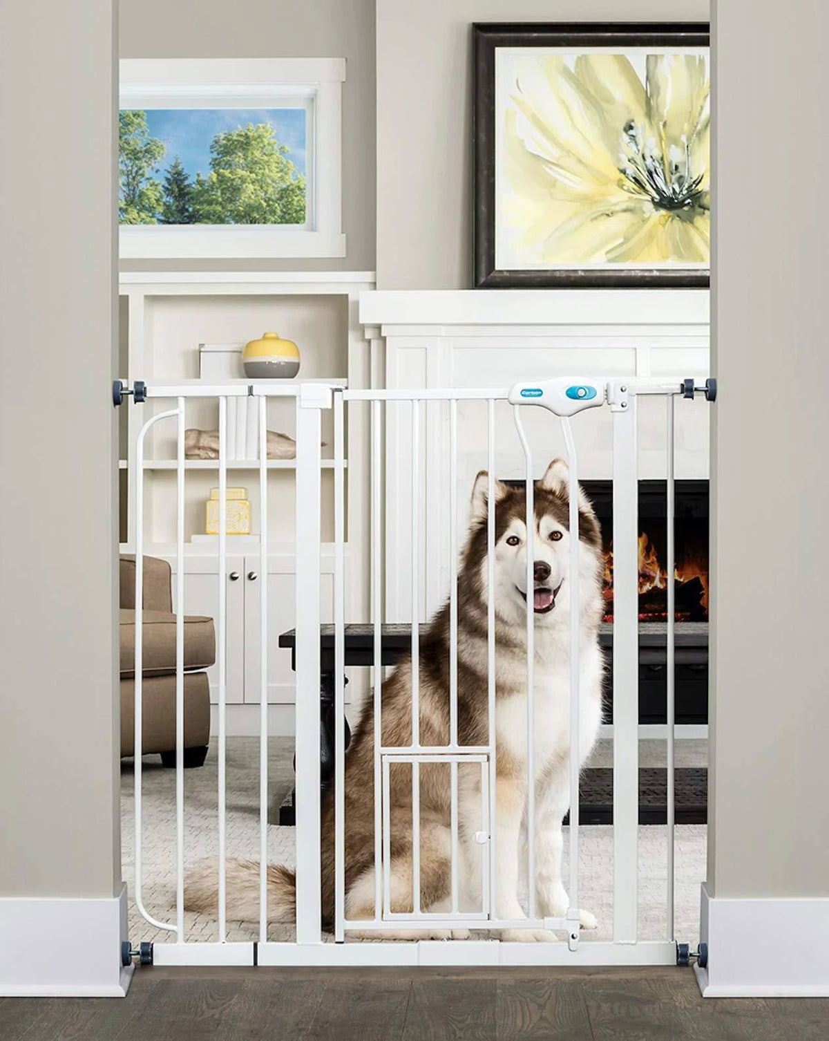 White Extra Tall Pet Gate with Small Pet Door R8836