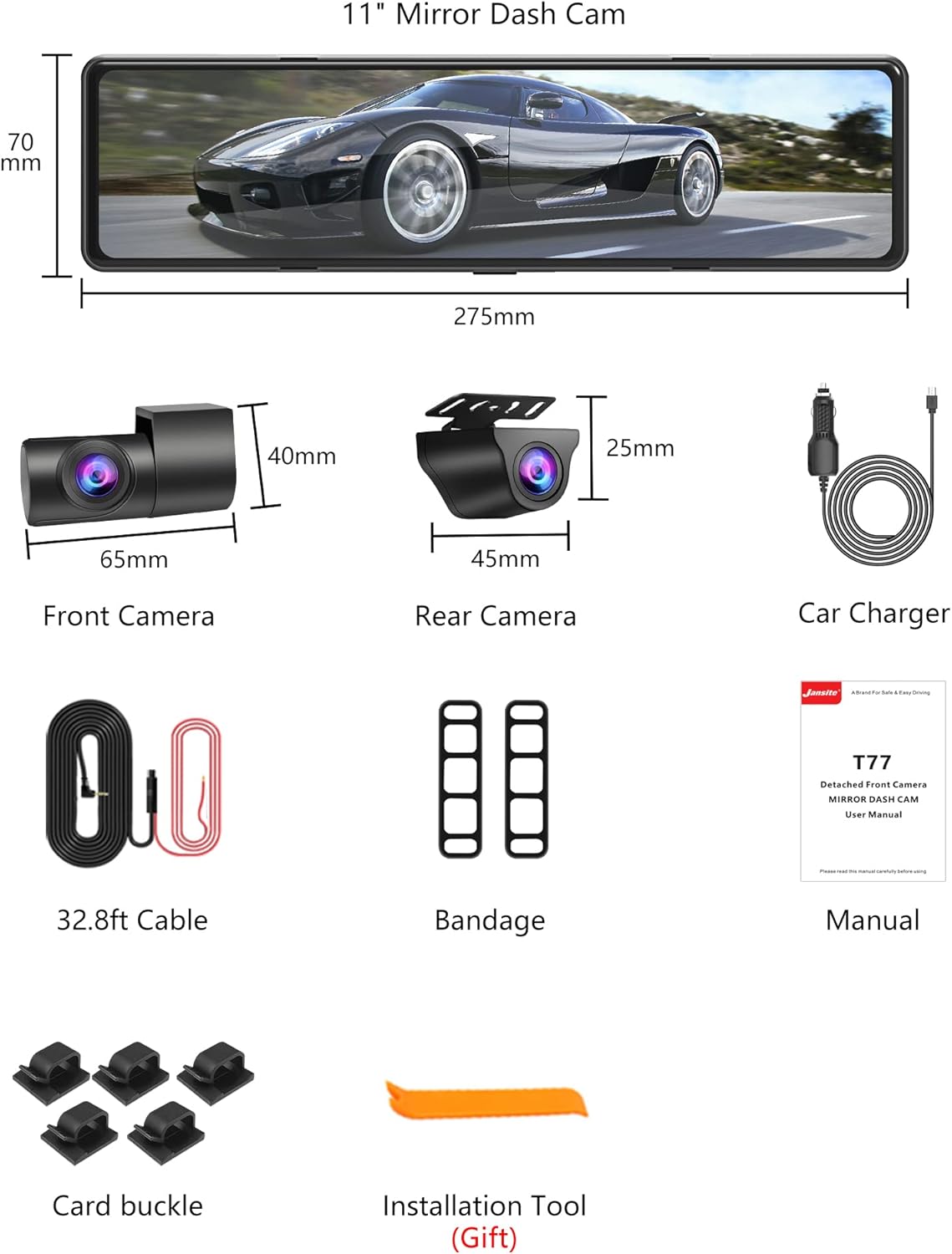 Mirror Dash Cam with Detached Front Camera 11 Rear View Mirror Camera Front and Rear FHD 1080P Waterproof Backup Camera Full Touch Screen with Night Vision H62667