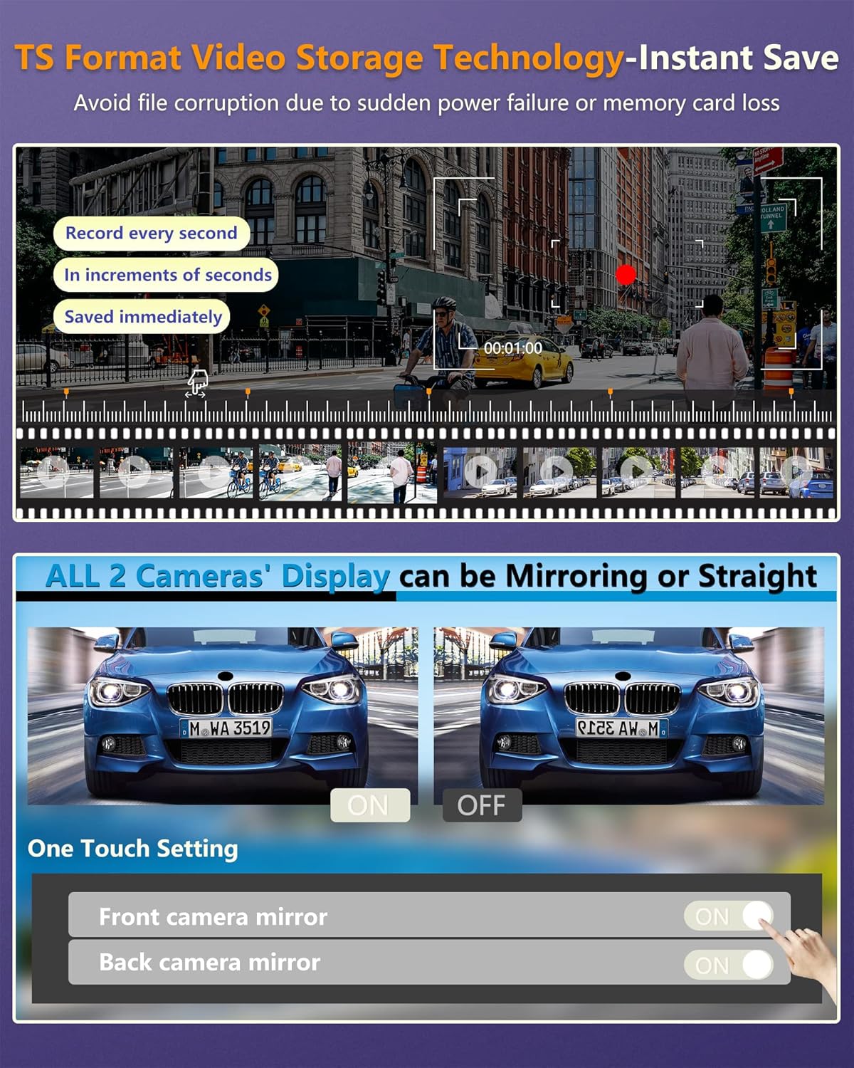 Mirror Dash Cam with Detached Front Camera 11 Rear View Mirror Camera Front and Rear FHD 1080P Waterproof Backup Camera Full Touch Screen with Night Vision H62667