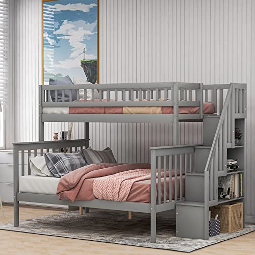 Twin Over Full Size Wood Bunk Bed with Trundle and Stairway N84148