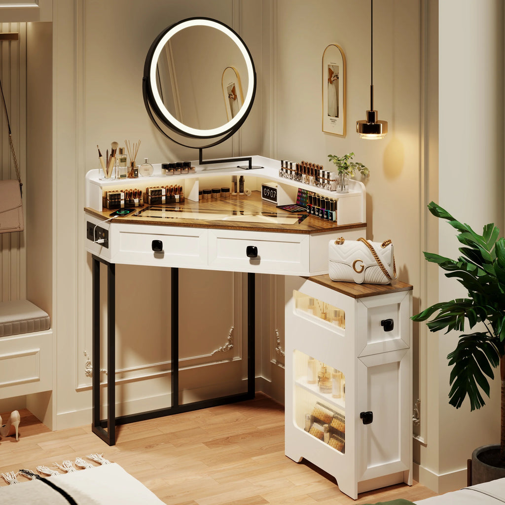 Corner Vanity Desk with Mirror and Lights, Glass Top Makeup Vanity Set with Charging Station K12334