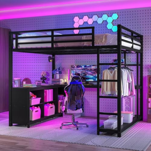 Queen Metal Loft Bed with Wardrobe, Desk and Shelves X3589