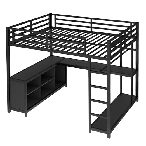 Queen Metal Loft Bed with Wardrobe, Desk and Shelves X3589