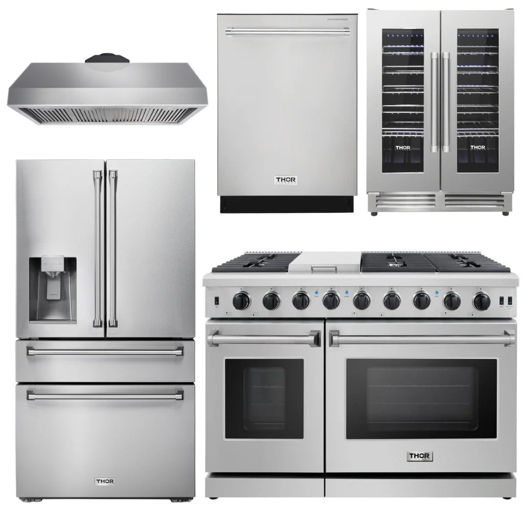 48 Propane Gas Range, Range Hood, Refrigerator with Water and Ice Dispenser, Dishwasher & Wine Cooler O333